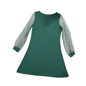 Noracora Women's Blue-Green V-Neck Lace Sleeve Knee Length Dress Size S